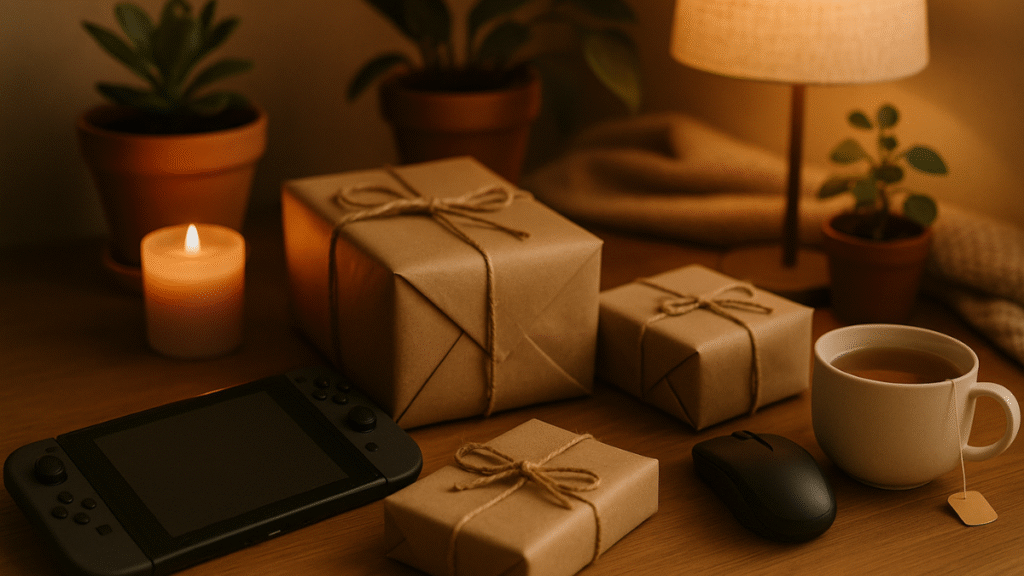 mesa llena de regalos para amantes de los videojuegos