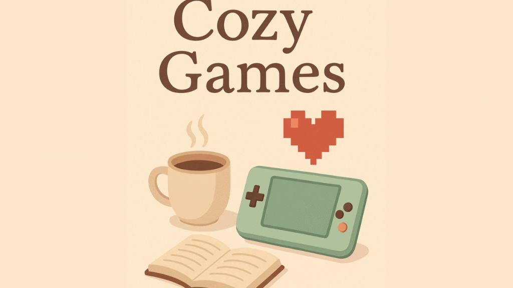 dibujo de taza de cafe y consola con cartel cozy games