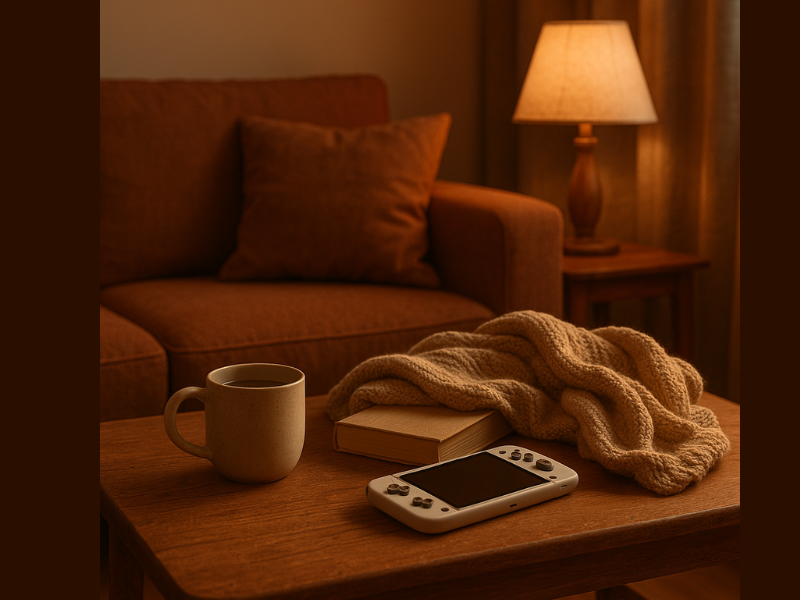 sofa y mantita, y consola sobre la mesa con cozy games