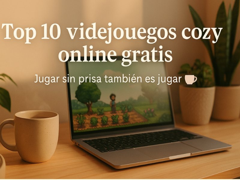 pc sobre mesa de madera y cartel de juegos cozy online
