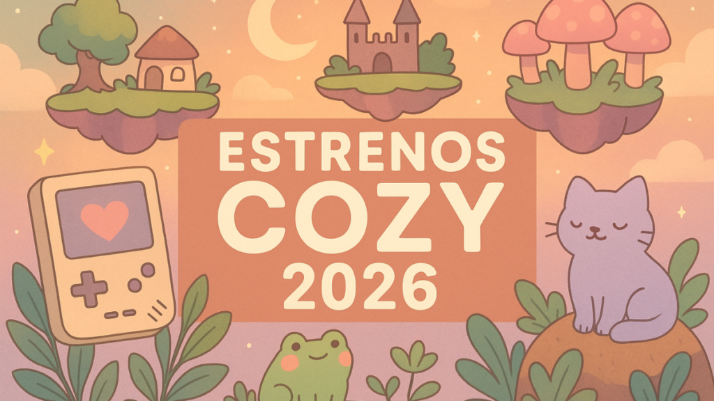 dibujo de animales del bosque y castillos en tonos pastel con cartel de videojuegos cozy que se estrenan en 2026