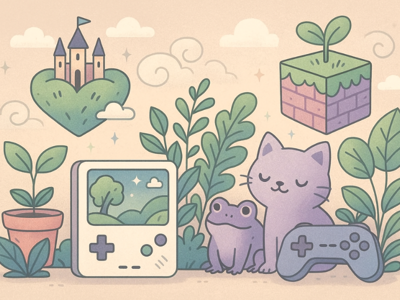 dibujo en tonos pastel de criaturas mágicas y una consola por los videojuegos cozy que se entrenan en 2026