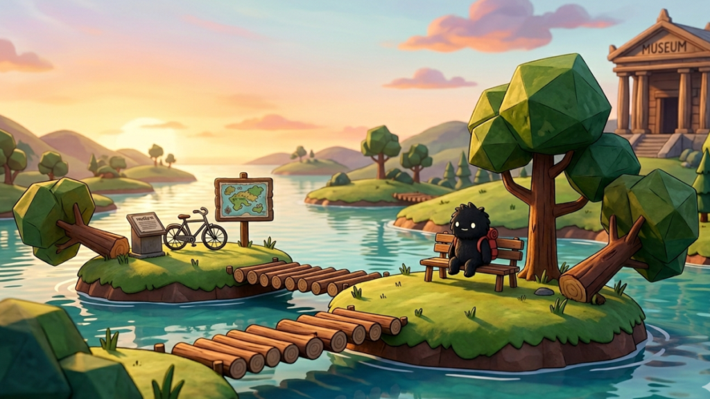 Imagen destacada horizontal del juego A Monster Expedition con el monstruo protagonista sentado en un banco frente a un museo de troncos durante el atardecer.