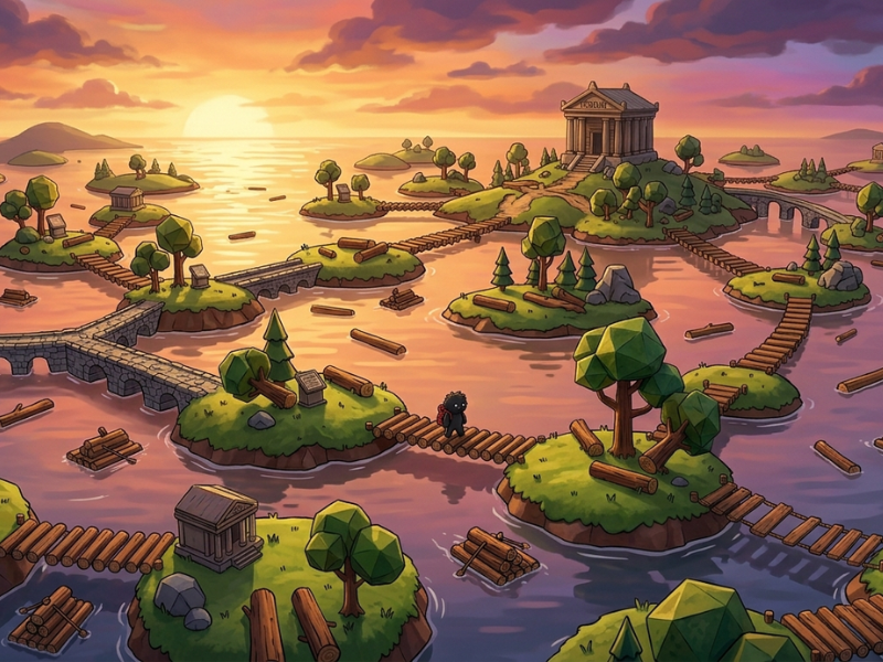 En esta versión, vemos el mundo desde arriba. Una intrincada y abrumadora red de puentes de troncos, balsas y calzadas de piedra conecta docenas de pequeñas islas flotantes, todas ellas con combinaciones únicas de árboles caídos y pedestales de museo. En el centro de este laberinto de agua, un solitary y minúsculo monstruo (el protagonista con su mochila) camina sobre un puente de troncos, subrayando la escala del desafío. Miles de troncos flotan en el agua teñida por el atardecer, y los museos principales se vislumbran a lo lejos