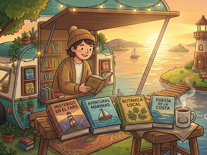Imagen destacada horizontal del juego Tiny Bookshop con una caravana de librería ambulante en una cala al atardecer.