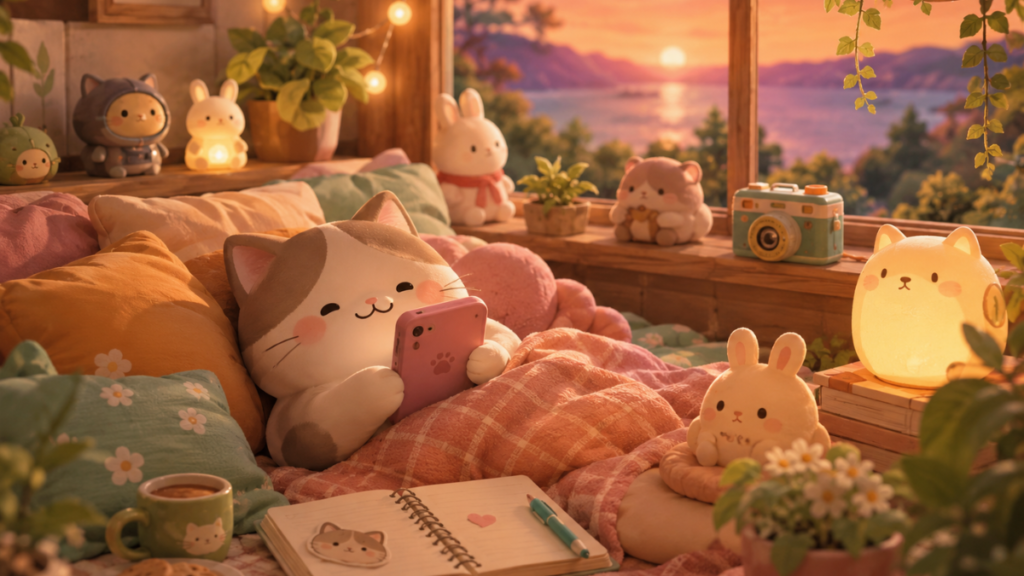 imagen ilustrativa estilo dibujo de un gato acostado jugando en la cama con el telefono en las patas juegos cozy gratis para movil free cozy games for mobile