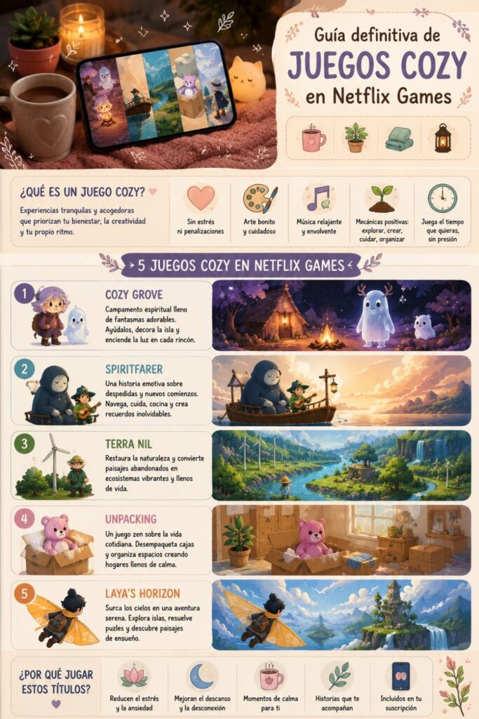 cozy games in netflix juegos cozy en netflix. infografia x juegos cozy en netflix.